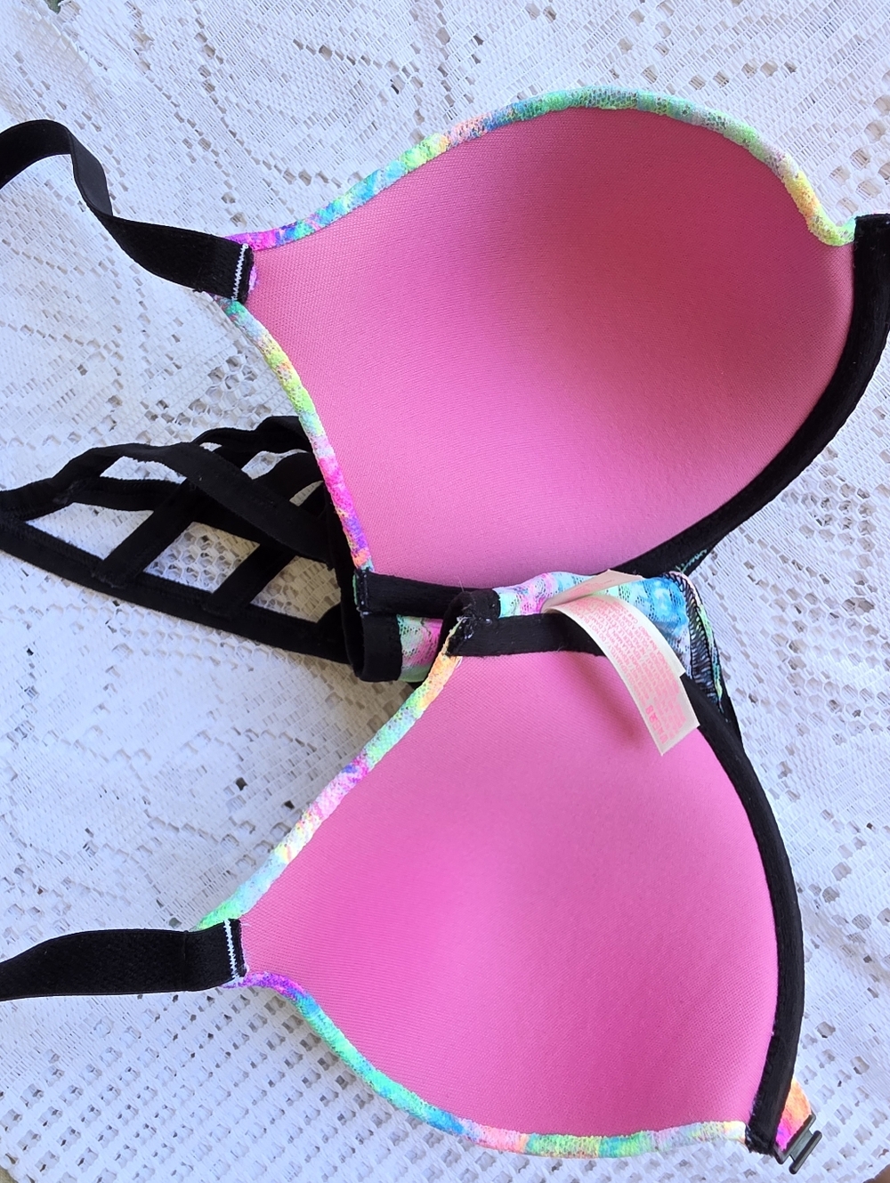 PINK Victoria's Secret Push Up Bra 32DD Front Closure Lace Underwire Padded Neon - Picture 9 of 12